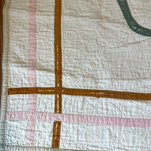 Antique Vintage Tulip Applique Quilt Reversible Date Embroidred 1931  92" x 78" - Picture 8 of 13